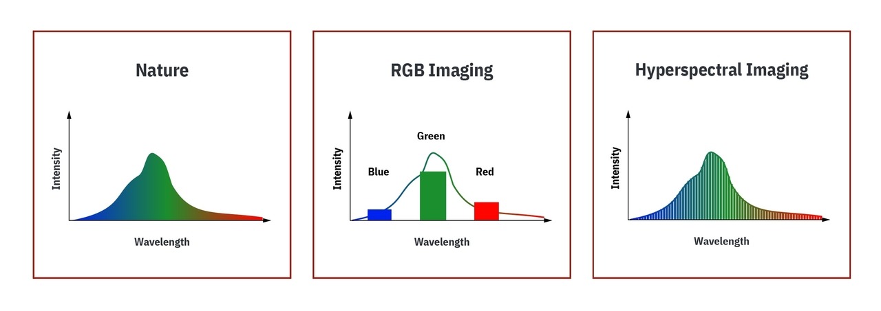 Figure 1: Comparison between how a natural spectrum of light is represented with RGB Imaging (middle) and with Hyperspectral Imaging