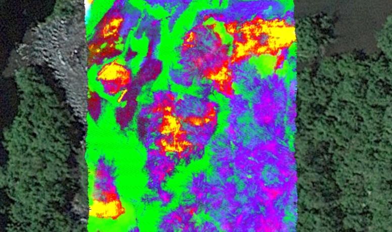 Resonon Pika IR-L+ Airborne Hyperspectral Remote Sensing System false-color image overlaid in Google Earth