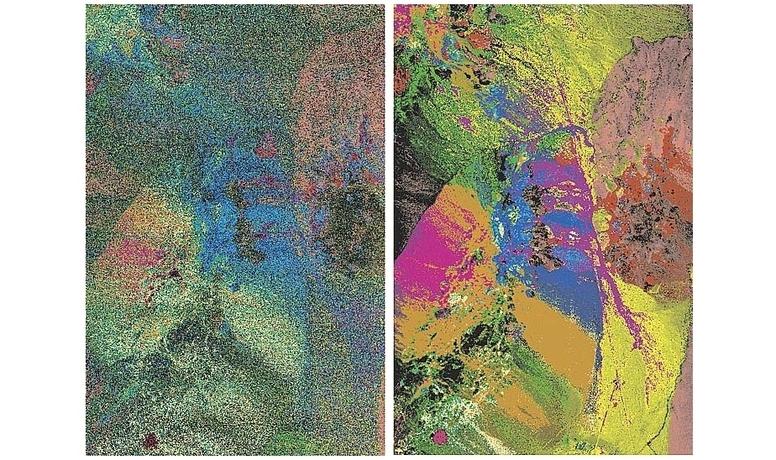 Mineral classification maps created from NASA AVIRIS. RHS shows 4X improvement in SNR from LHS after instrument upgrade.