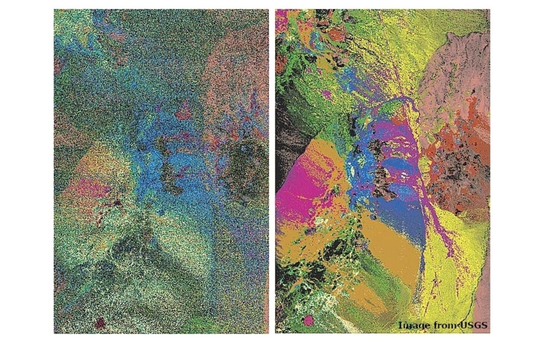 Figure 3: Mineral classification maps created from NASA AVIRIS hyperspectral data. Image on the right (after instrument upgrade) shows 4X improvement in SNR as compared to image on the left. Image courtesy of USGS<sup>1</sup>.