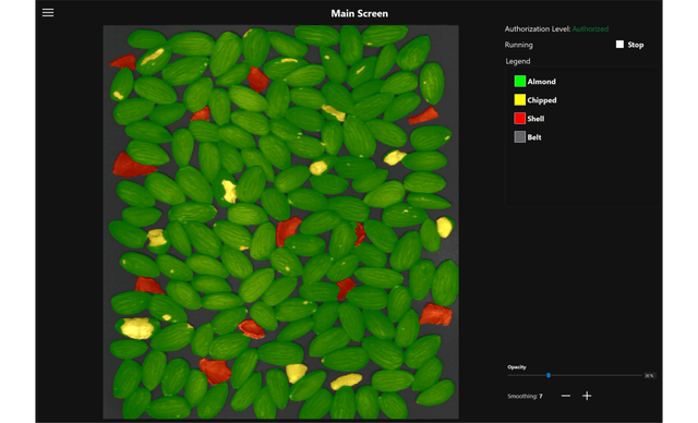 Resonon's RVS (Real-time Vision System) software classifies objects for use in industrial optical sorting systems. Almond, almond shells, and chipped almonds classified in image.