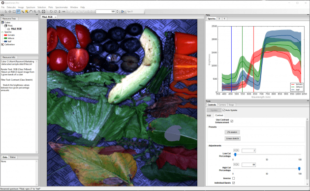 Hyperspectral data of vegetables using Resonon's benchtop hyperspectral imaging system.