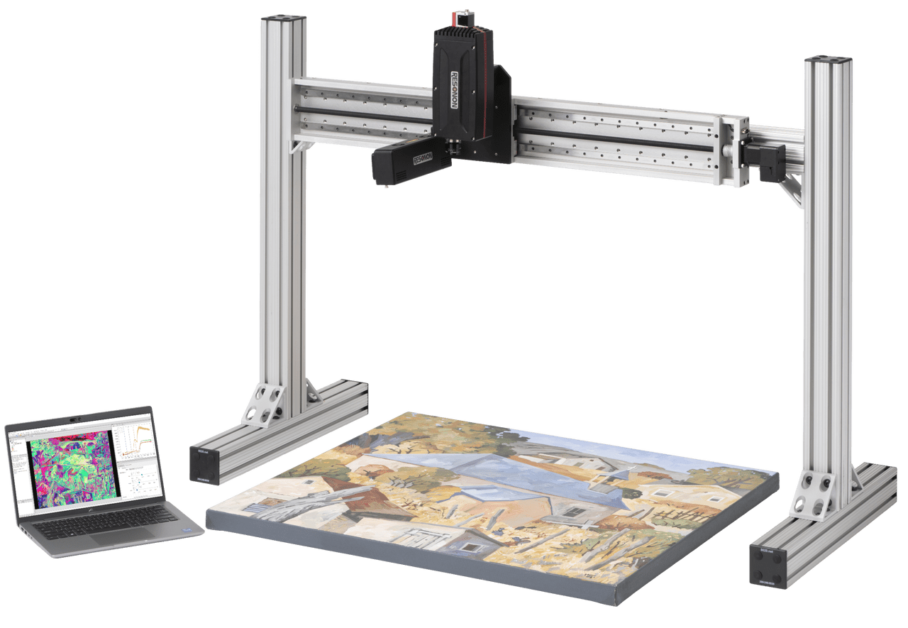 Resonon Large Sample Reflectance Hyperspectral Imaging System imager pointed down scanning a painting of a landscape.