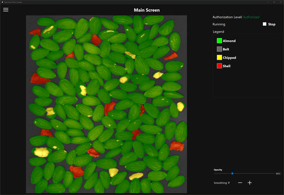 Resonon RVS software shown classifying almonds from almond shells and chipped almonds.